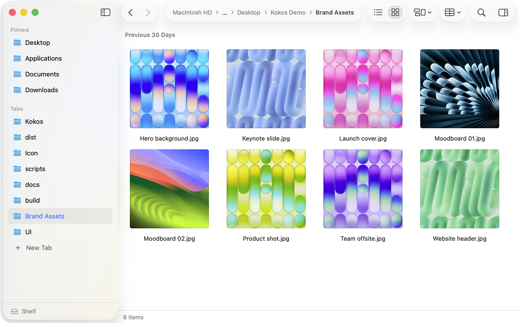 Kokos window with pinned tabs, a file list and the preview panel